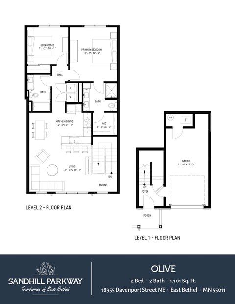 Floor plan for 2 beds, 2 baths, 1101 sqft