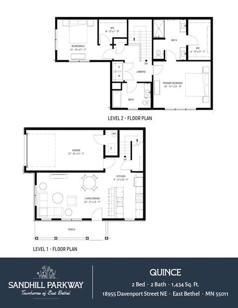 Floor plan for 2 beds, 2 baths, 1434 sqft
