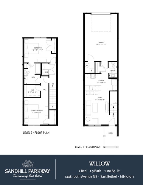 Floor plan for 2 beds, 1.5 baths, 1118 sqft