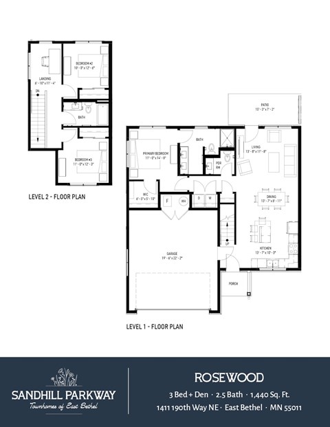 Floor plan for 3 beds, 2.5 baths, 1440 sqft