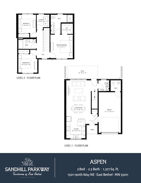 Floor plan for 3 beds, 2.5 baths, 1377 sqft