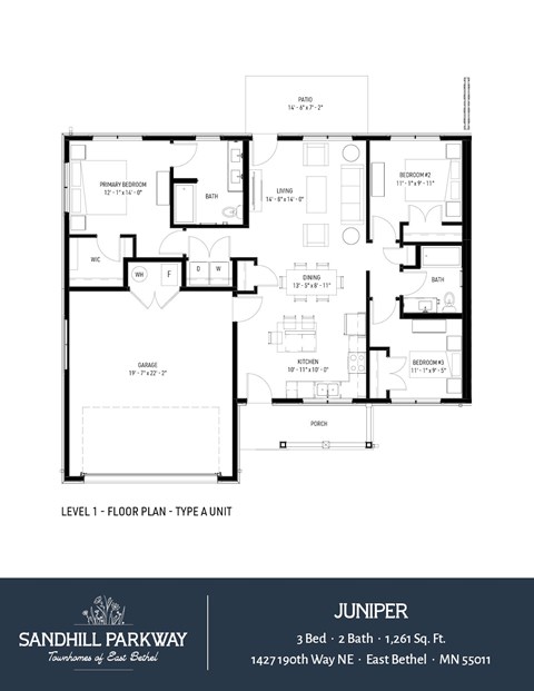 Floor plan for 3 beds, 2 baths, 1261 sqft