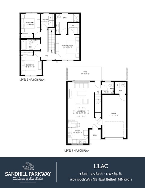 Floor plan for 3 beds, 2.5 baths, 1377 sqft