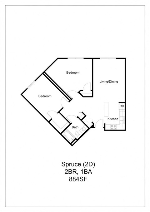 Floor plan for 2 beds, 1 bath, 889 sqft