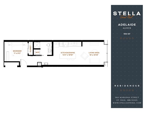 Floor plan for studio, 1 bath, 550 sqft