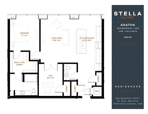 Floor plan for 1 bed, 1 bath, 1050 sqft