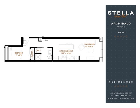 Floor plan for 1 bed, 1 bath, 534 sqft