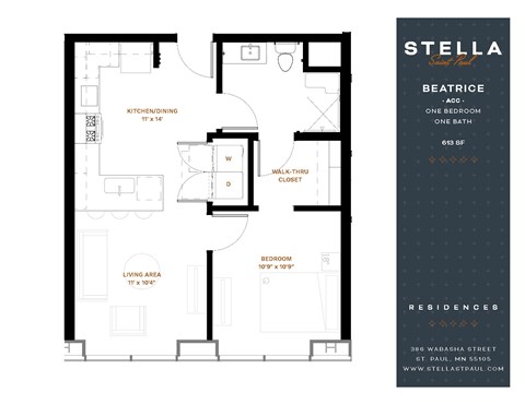 Floor plan for 1 bed, 1 bath, 613 sqft