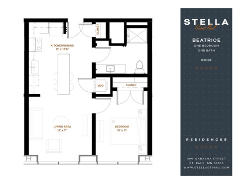 Floor plan for 1 bed, 1 bath, 613 sqft