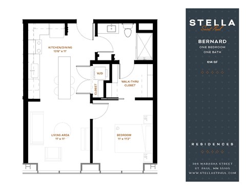 Floor plan for 1 bed, 1 bath, 614 sqft