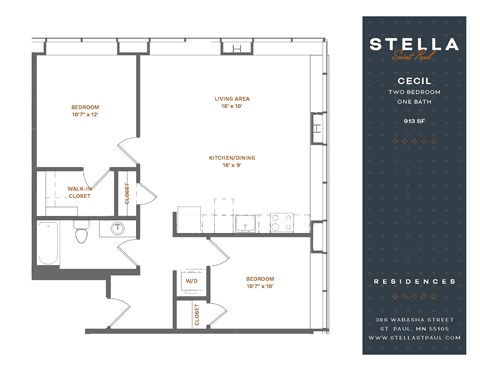 Floor plan for 2 beds, 1 bath, 913 sqft