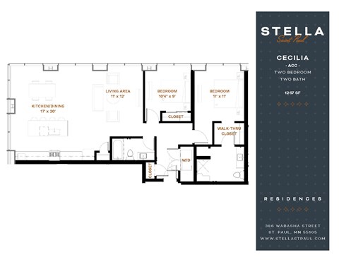 Floor plan for 2 beds, 2 baths, 1267 sqft