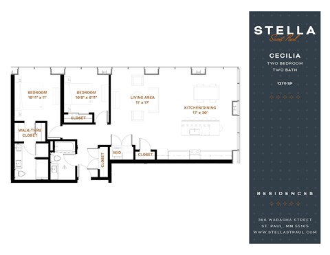 Floor plan for 2 beds, 2 baths, 1270 sqft