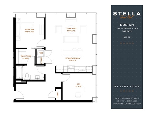 Floor plan for 1 bed, 1 bath, 980 sqft