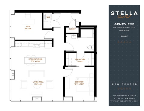 Floor plan for 1 bed, 1 bath, 939 sqft
