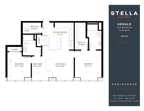 Floor plan for 2 beds, 2 baths, 1077 sqft