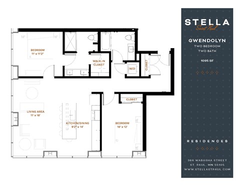 Floor plan for 2 beds, 2 baths, 1095 sqft