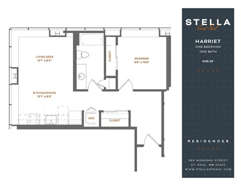 Floor plan for 1 bed, 1 bath, 614 sqft