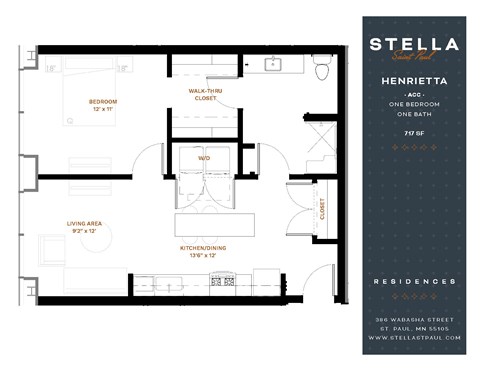 Floor plan for 1 bed, 1 bath, 717 sqft