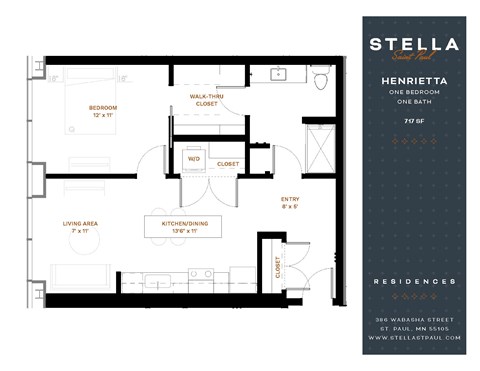 Floor plan for 1 bed, 1 bath, 717 sqft
