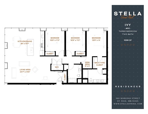 Floor plan for 3 beds, 2 baths, 1688 sqft