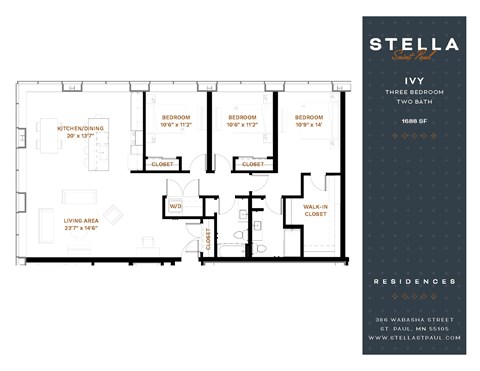 Floor plan for 3 beds, 2 baths, 1688 sqft
