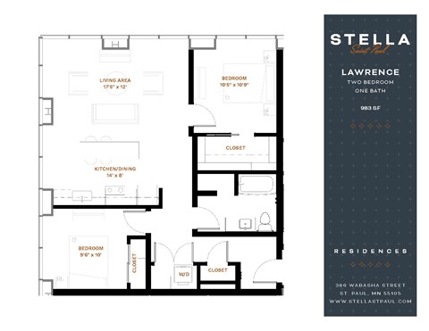 Floor plan for 2 beds, 1 bath, 983 sqft