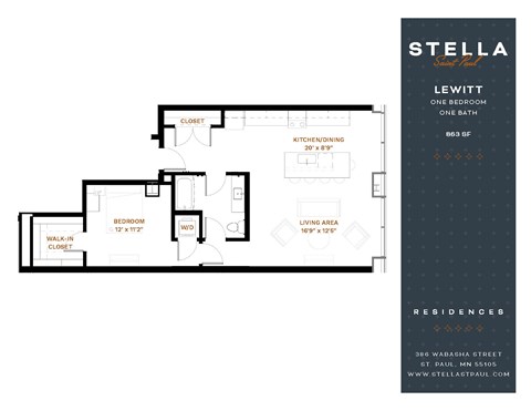 Floor plan for 1 bed, 1 bath, 863 sqft