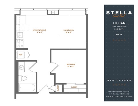 Floor plan for 1 bed, 1 bath, 498 sqft