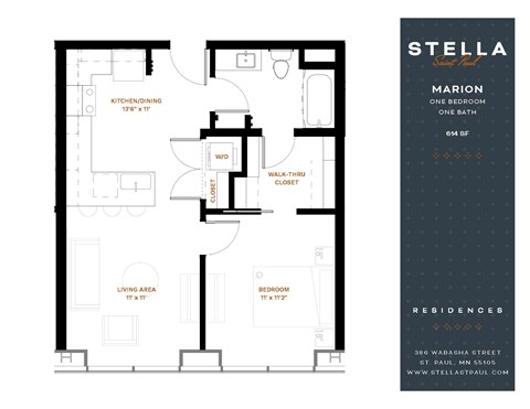 Floor plan for 1 bed, 1 bath, 614 sqft
