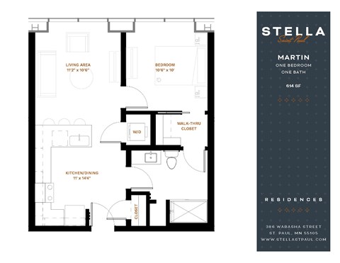Floor plan for 1 bed, 1 bath, 614 sqft