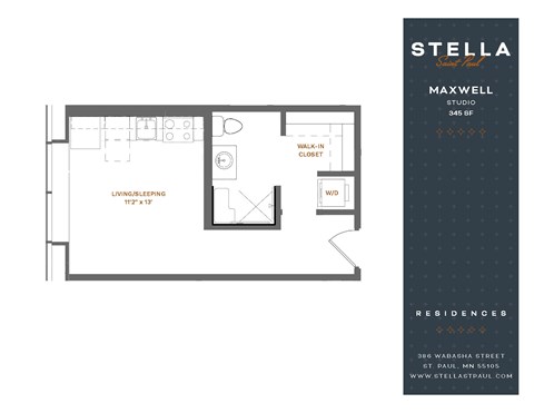 Floor plan for studio, 1 bath, 345 sqft