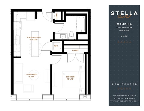 Floor plan for 1 bed, 1 bath, 613 sqft