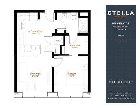 Floor plan for 1 bed, 1 bath, 613 sqft