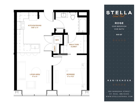 Floor plan for 1 bed, 1 bath, 613 sqft