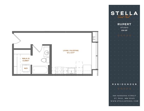 Floor plan for studio, 1 bath, 331 sqft