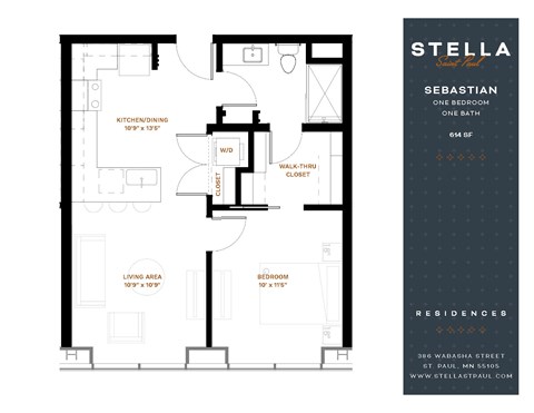 Floor plan for 1 bed, 1 bath, 614 sqft