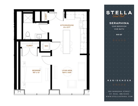 Floor plan for 1 bed, 1 bath, 613 sqft
