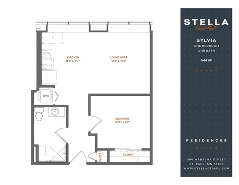 Floor plan for 1 bed, 1 bath, 544 sqft
