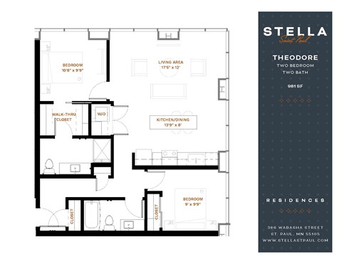 Floor plan for 2 beds, 2 baths, 981 sqft
