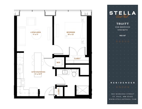 Floor plan for 1 bed, 1 bath, 612 sqft