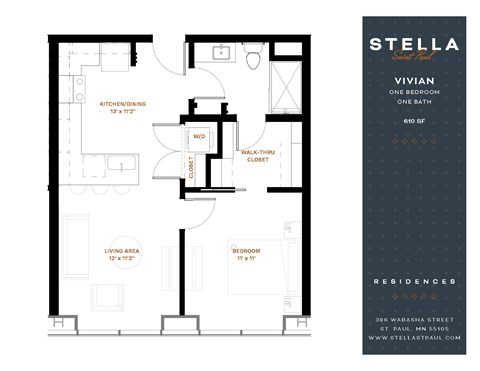 Floor plan for 1 bed, 1 bath, 610 sqft