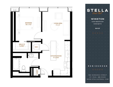 Floor plan for 1 bed, 1 bath, 614 sqft