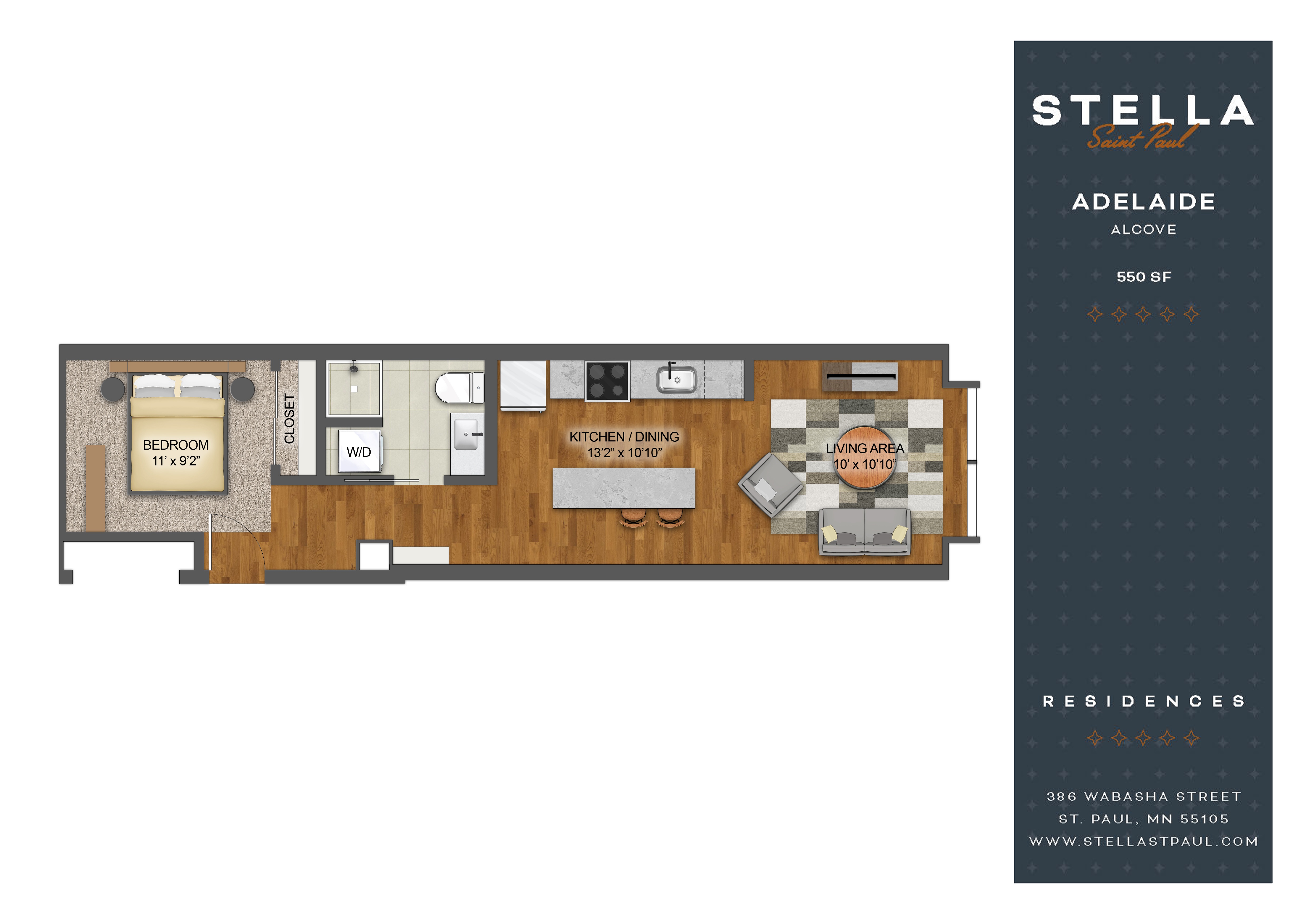 Floor plan for 1 bed, 1 bath, 550 sqft