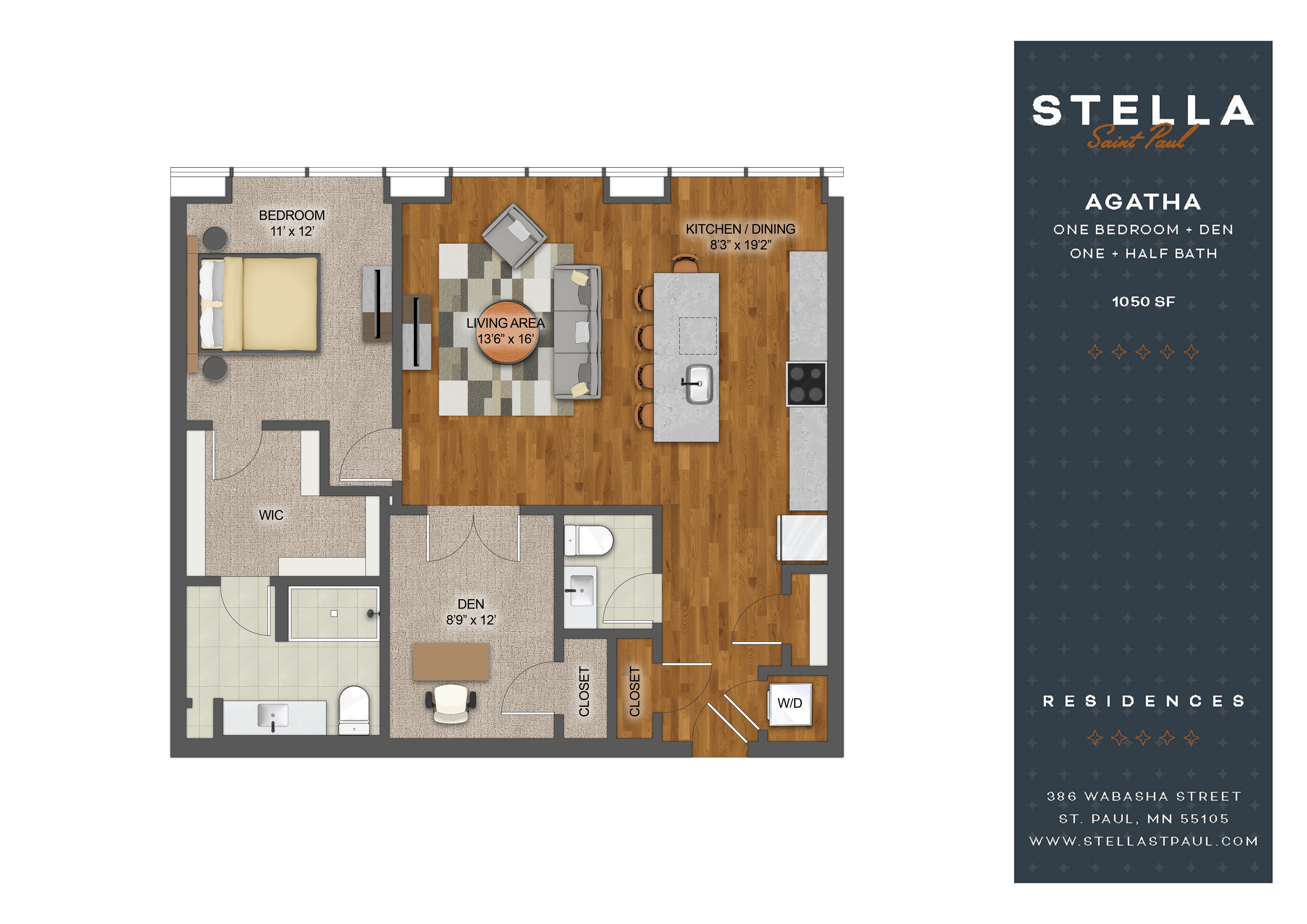 Floor plan for 1 bed, 1 bath, 1050 sqft