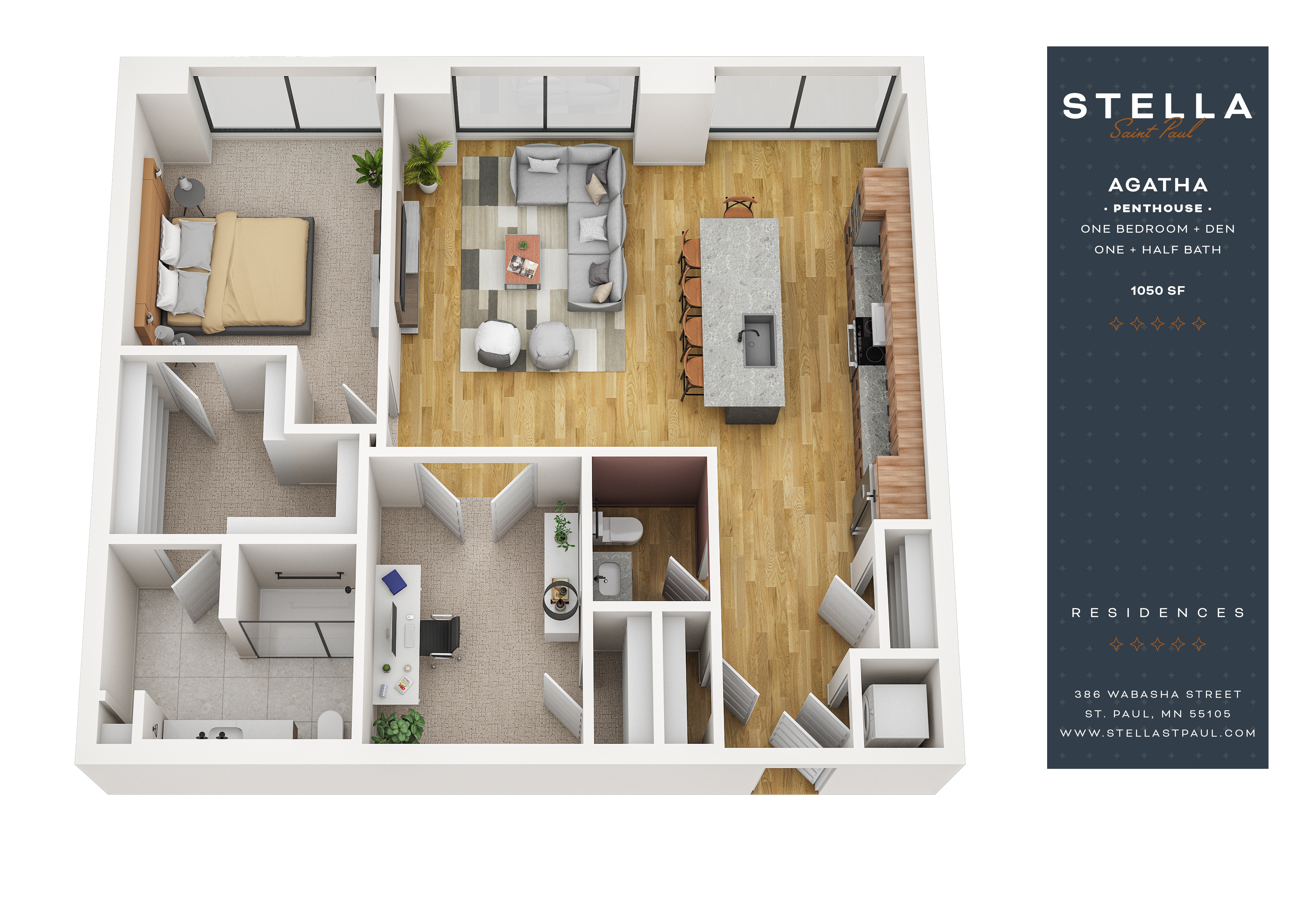 Floor plan for 1 bed, 1 bath, 1050 sqft
