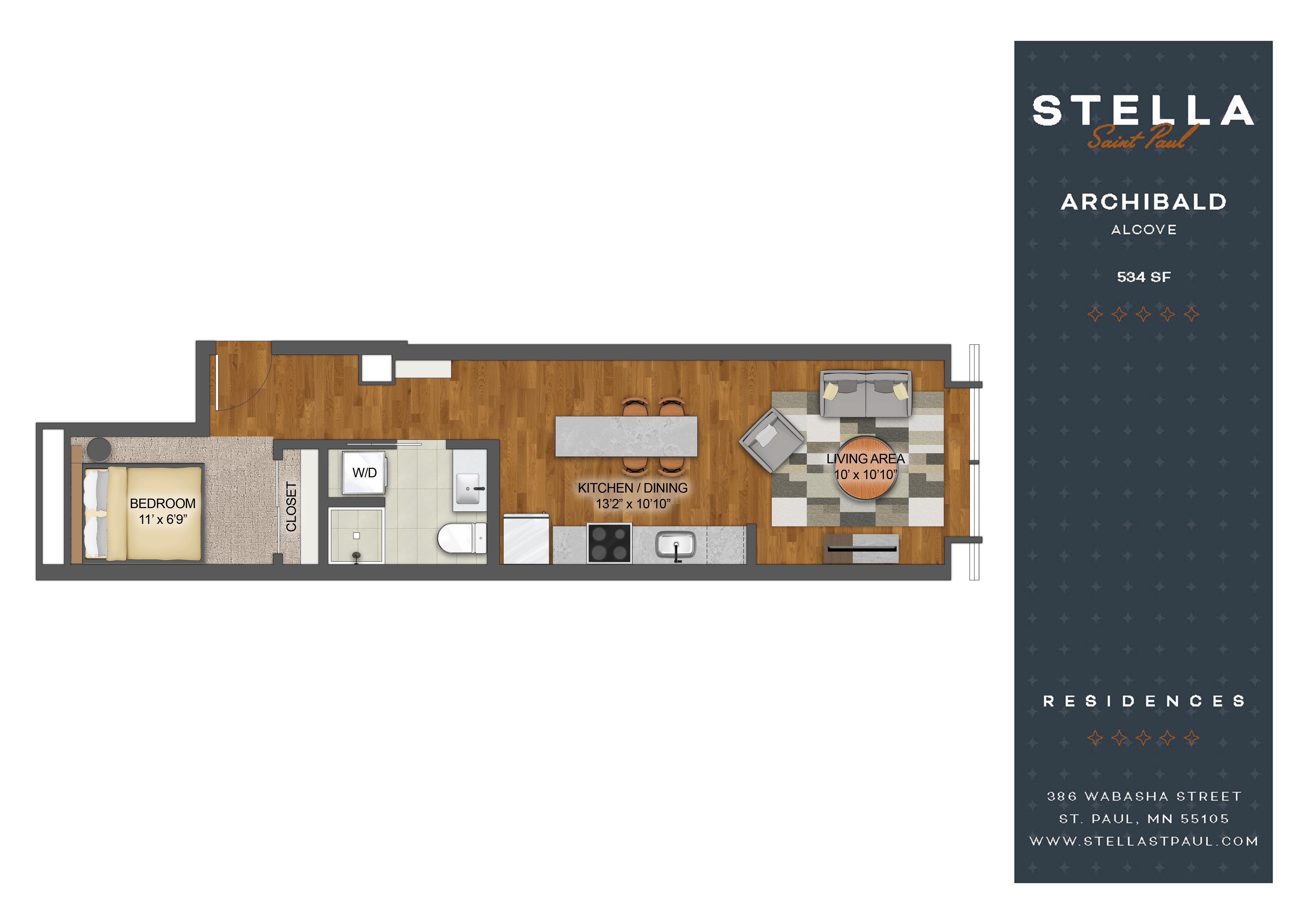 Floor plan for 1 bed, 1 bath, 534 sqft