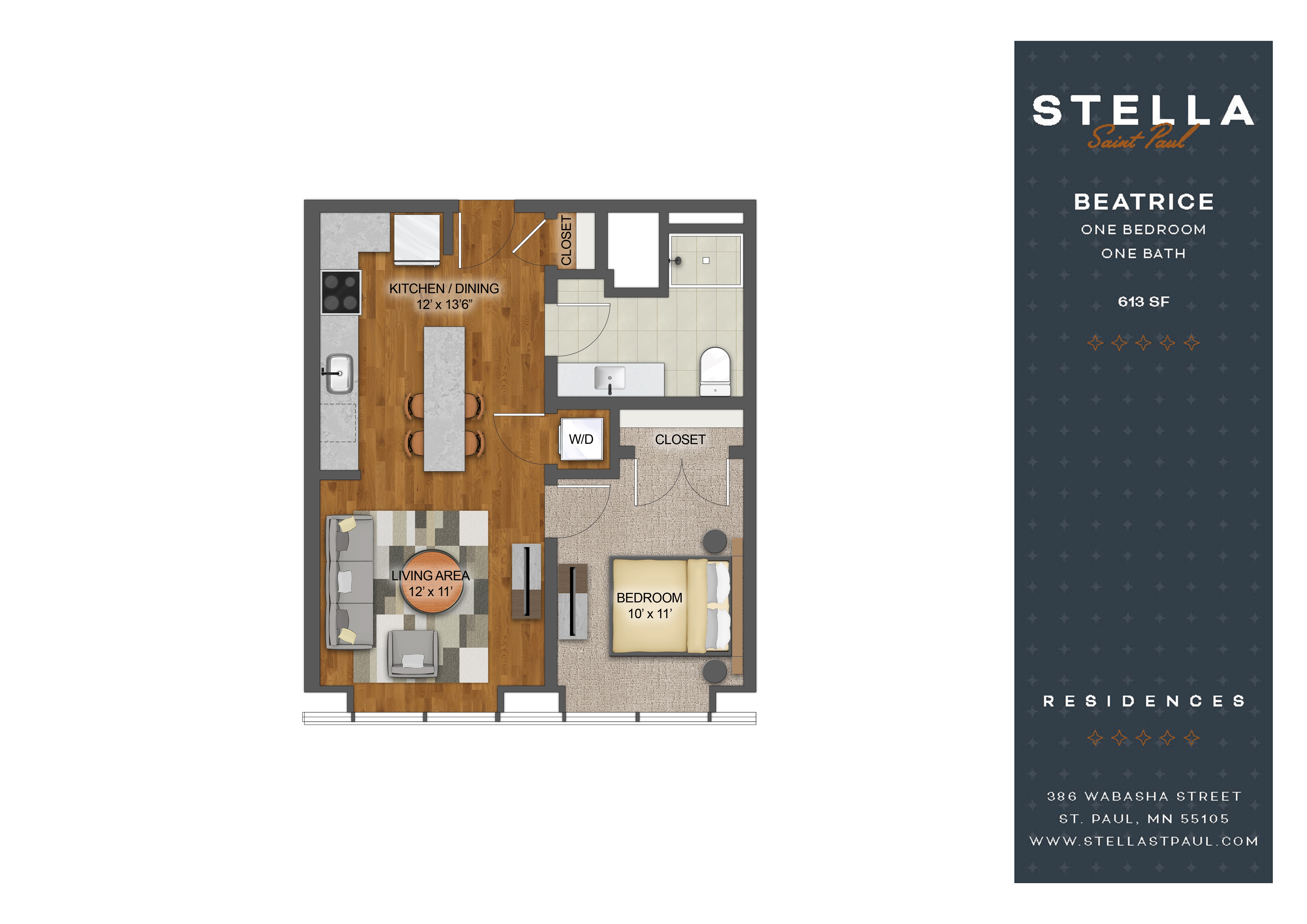 Floor plan for 1 bed, 1 bath, 613 sqft