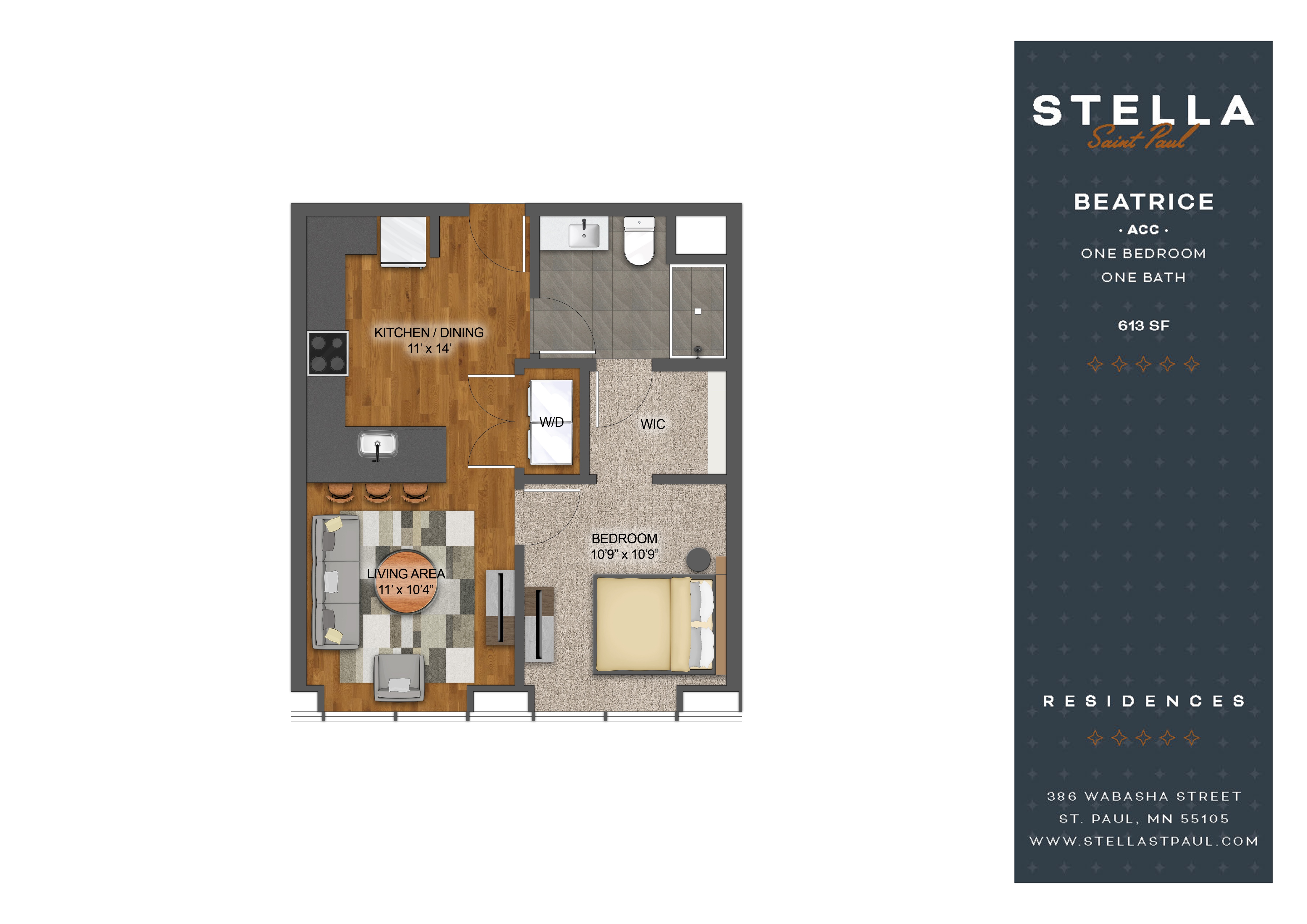 Floor plan for 1 bed, 1 bath, 613 sqft