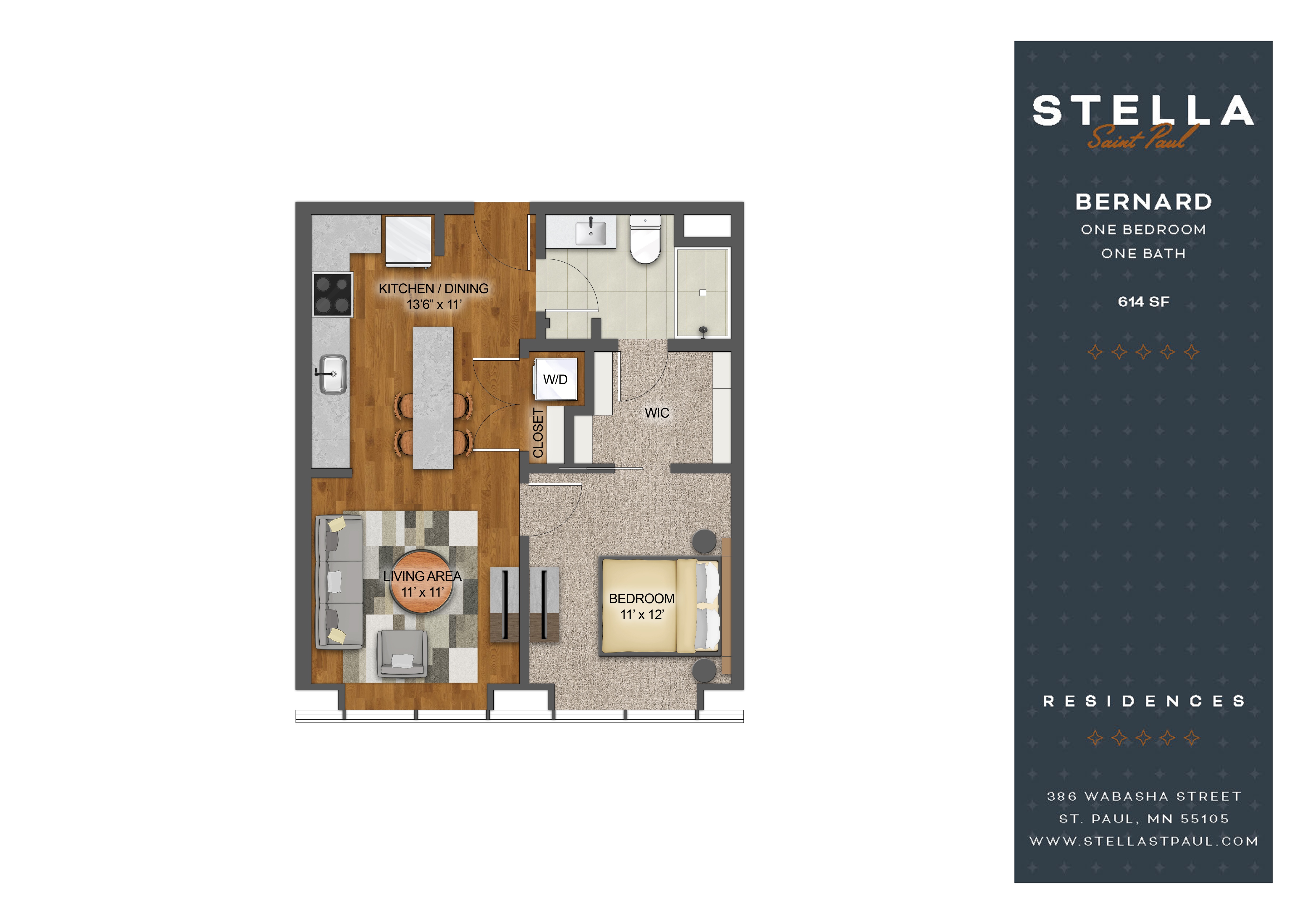 Floor plan for 1 bed, 1 bath, 614 sqft